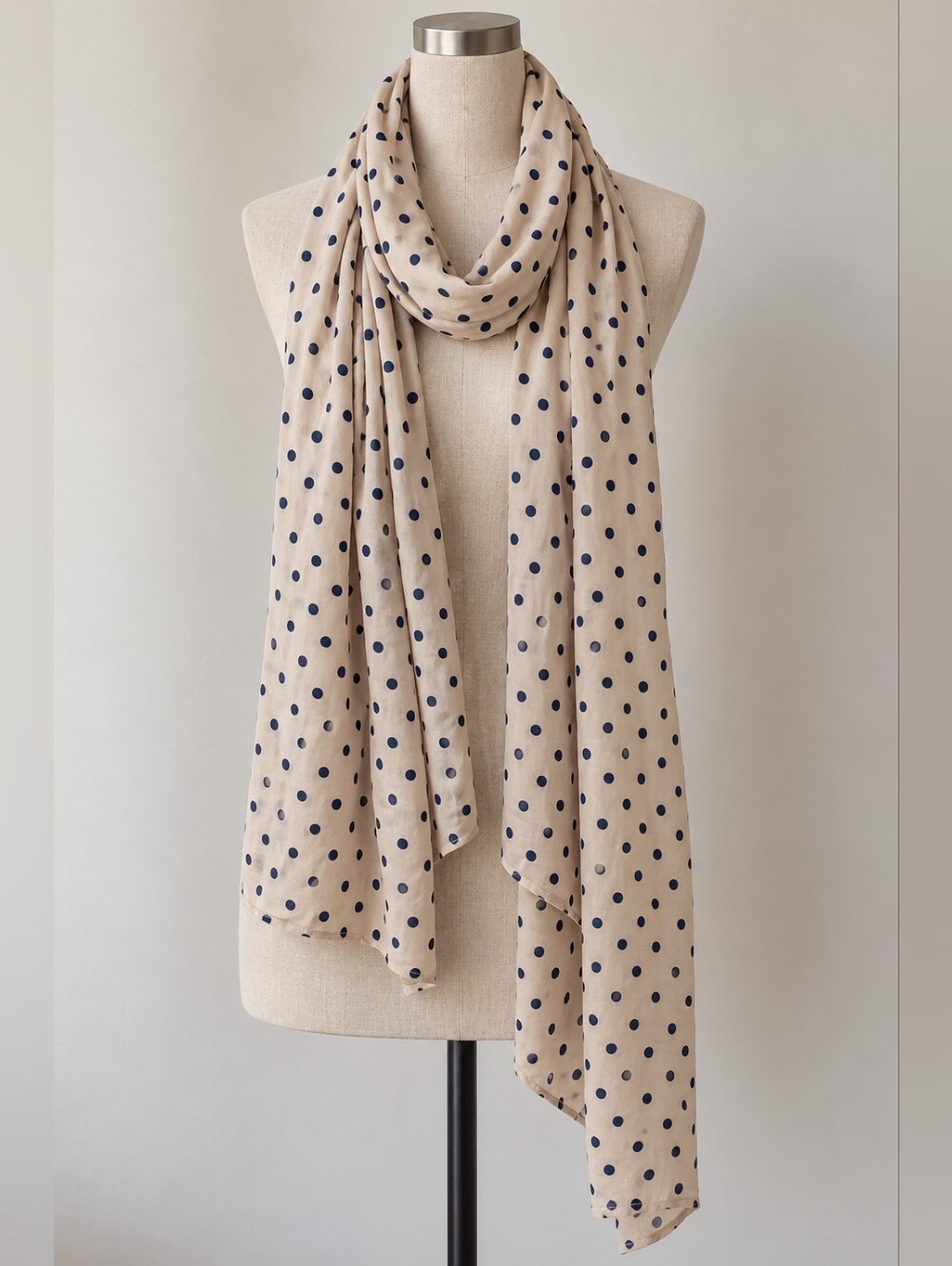 Polka Dot Lightweight Scarf Beige & Navy with Gold Star Charm